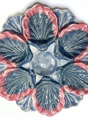 Antique Majolica Oyster Plate Blue Red Shell Form 9in A906